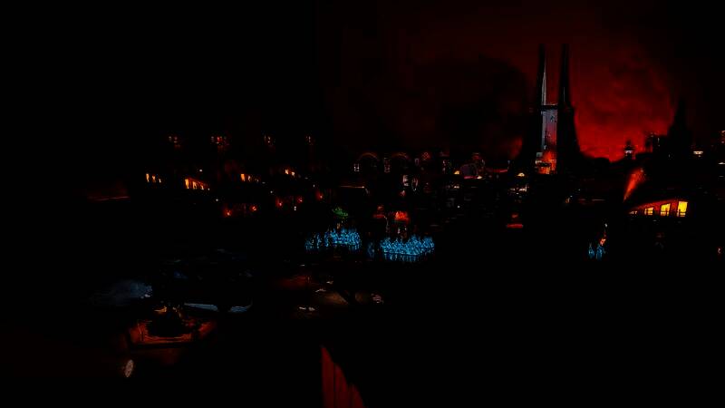 《Sintopia》游戏画面展示地狱城市布局，灵魂在通道中流动，恶魔员工忙碌工作，背景为熔岩与火焰交织的末日景观