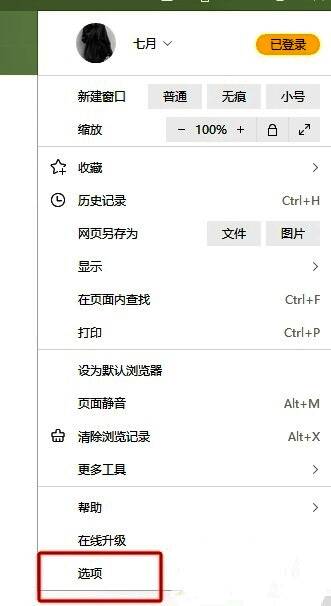 搜狗浏览器选项菜单在下拉列表中被选中的截图