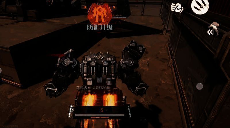 玩家操作暴风机甲A型在城市废墟地图中作战，周围有建筑物和残垣断壁，战术感强烈