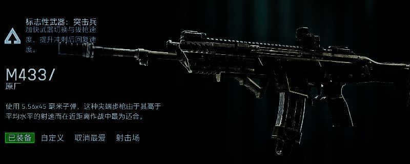 《战地6》游戏中M433突击步枪在战场环境中持枪待战的特写画面，枪身细节清晰，背景为战火纷飞的战场