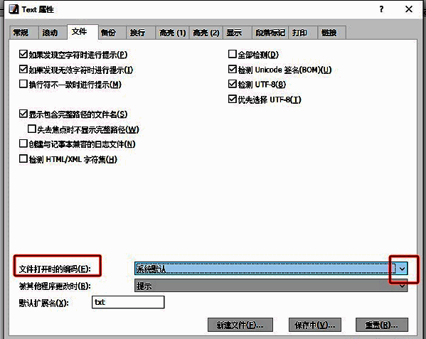 ‘文件打开时的编码’下拉菜单展开，显示多种字符编码选项