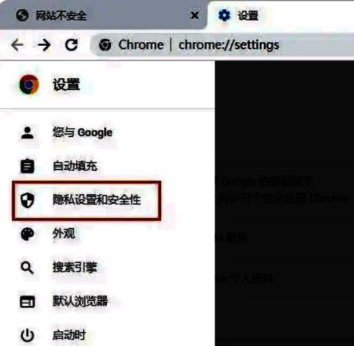 隐私设置与安全性选项在左侧菜单中高亮显示