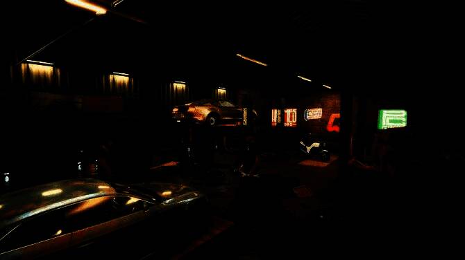 玩家在车库中对一辆黑色SUV进行底盘维修，工具散落一旁，屏幕显示车辆检测数据