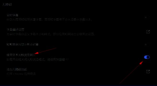 开启状态下的功能提示界面，显示‘使用文本光标浏览网页’已启用