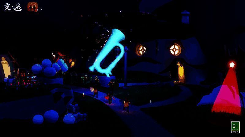 《光·遇》嘉年华场景实录，角色们在绚丽灯光下跳舞，背景是巨大的发光舞台