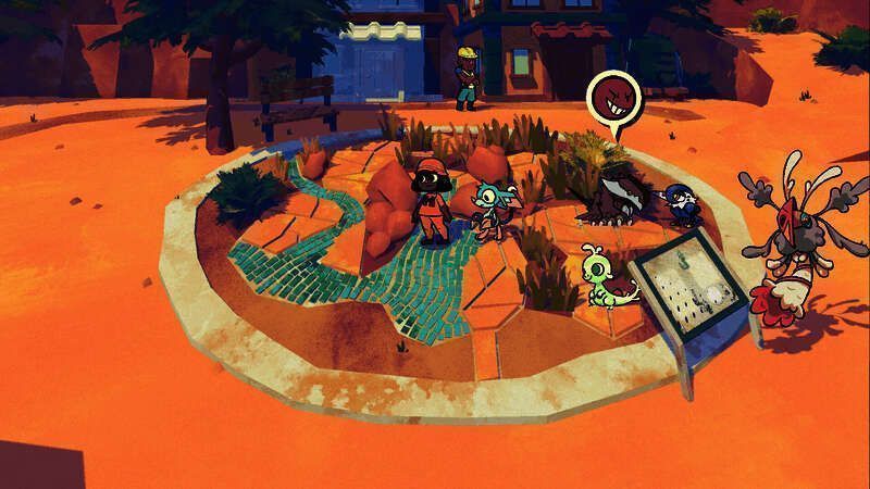 野外探索场景，主角牵着一只小熊野兽行走在森林小径上，阳光透过树叶洒下