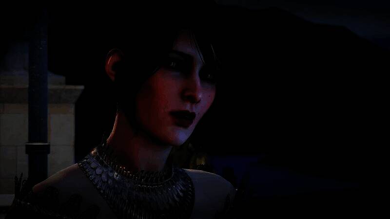 BioWare游戏中角色在对话场景中踱步转身的经典动画截图，角色正从画面一侧缓慢走回中心位置