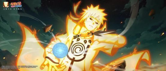 游戏中波风水门释放奥义技能的瞬间，金色查克拉席卷屏幕，九尾虚影环绕周围