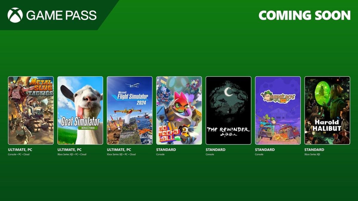 Xbox Game Pass 11月上旬新增游戏宣传图，展示《合金弹头：战略版》《微软模拟飞行2024》《山羊模拟器:重制版》等游戏封面拼贴画面