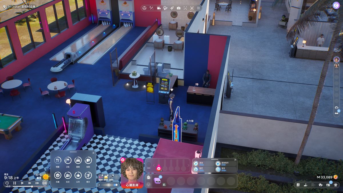 水疗区入口处设有提示牌，角色手持水疗券准备进入，周围灯光柔和