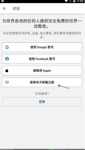 注册页面选项，突出显示使用电子邮箱注册按钮