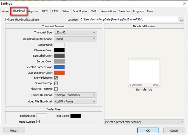 设置窗口中的Thumbnail选项卡界面展示