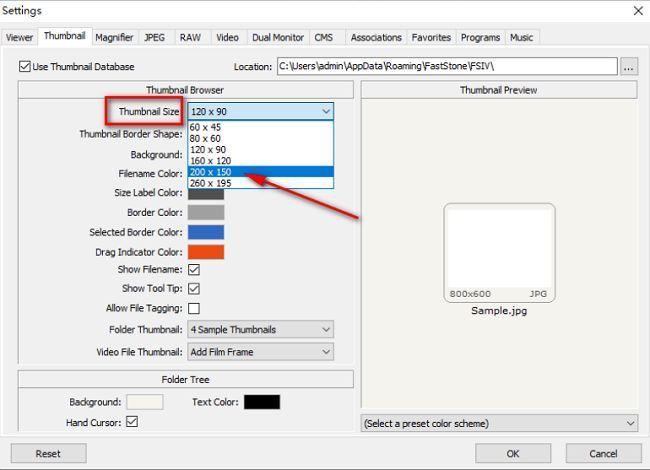 缩略图尺寸下拉菜单及预览窗口示意图