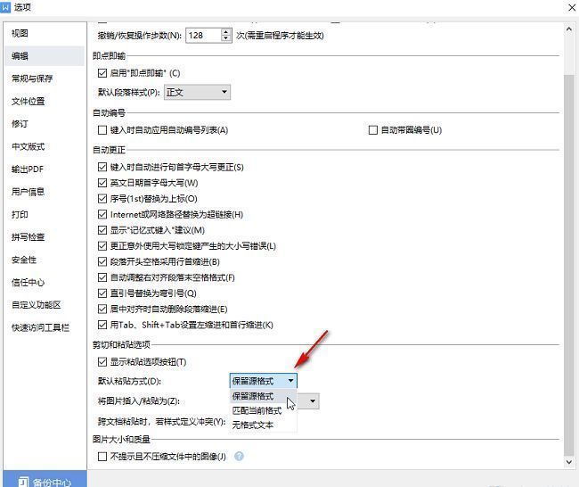 设置窗口界面截图，展示默认粘贴方式选项的下拉菜单