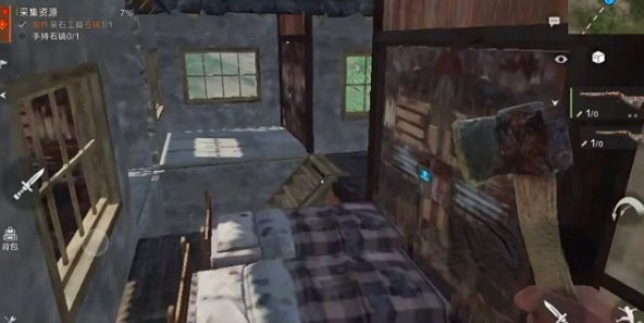 安全屋内部布置示意图，展示熔炉、储物箱和纤维睡袋的合理摆放位置