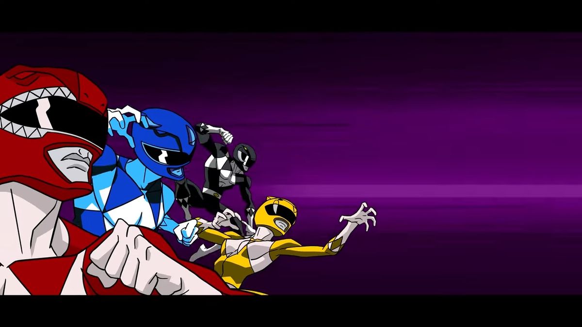 游戏画面展示恐龙战队与机器人丽塔对峙的场景，背景中隐约可见怪兽军团