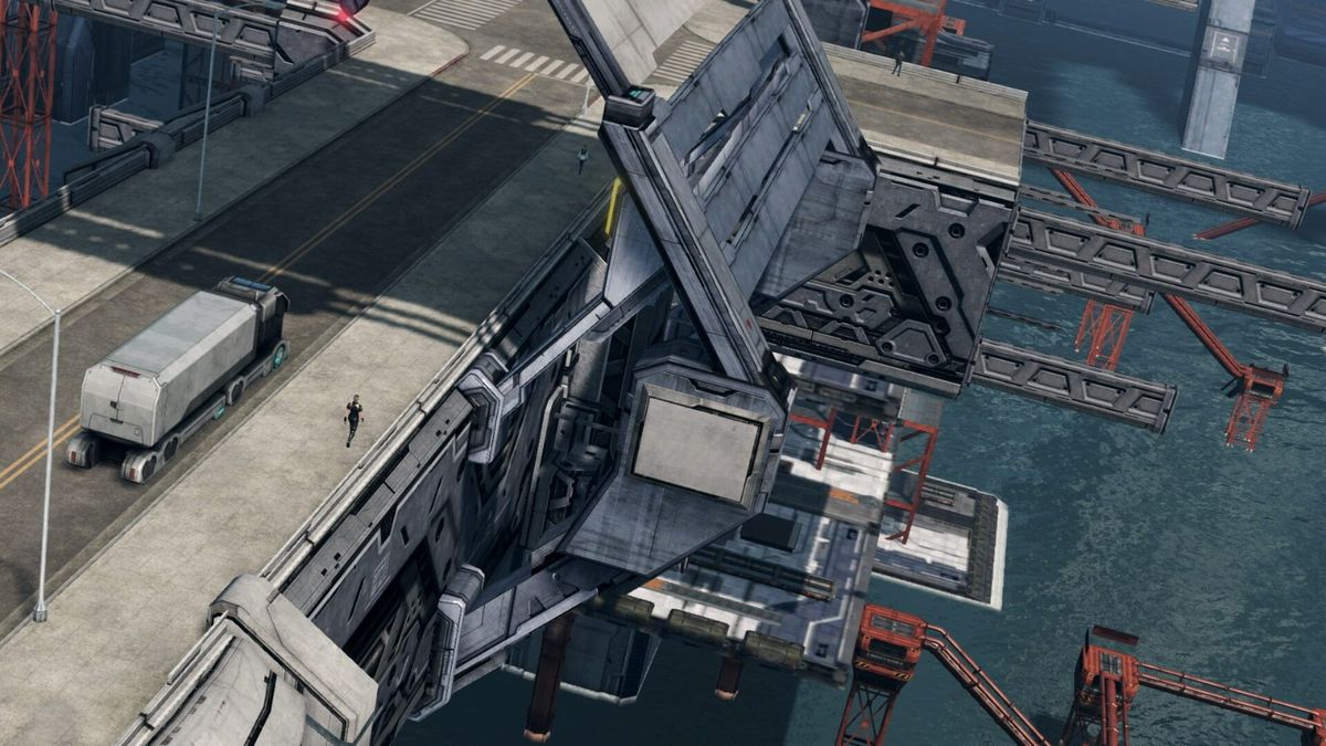 游戏世界中的广阔外星地貌，远处可见巨大能量风暴席卷天际