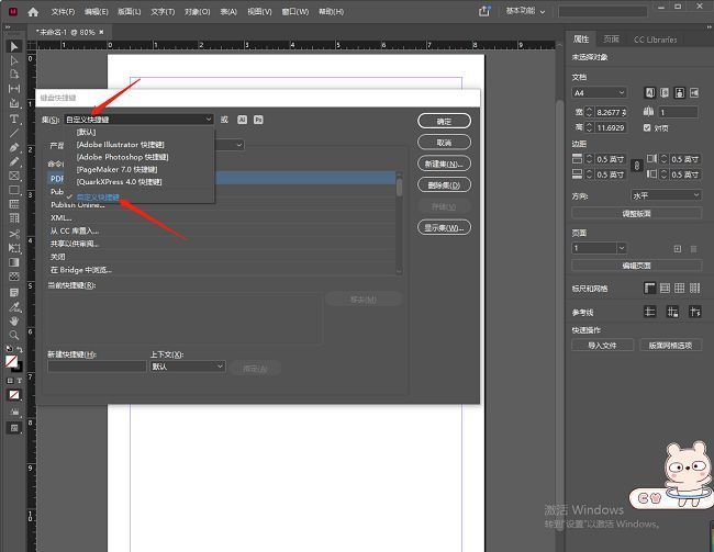 InDesign快捷键设置界面，'集'下拉菜单已展开，显示新建的快捷键集名称
