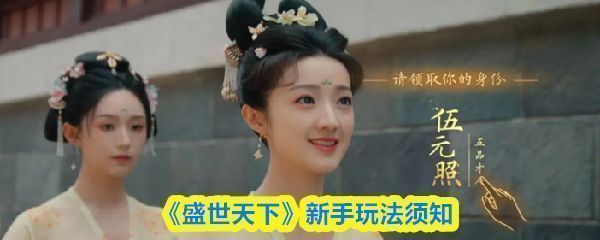 《盛世天下》游戏主界面，展现古风宫廷场景，主角身着华丽宫装立于宫殿前