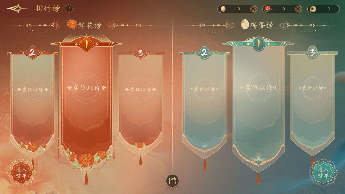 排行榜界面，展示当前角色人气排名与互动选项