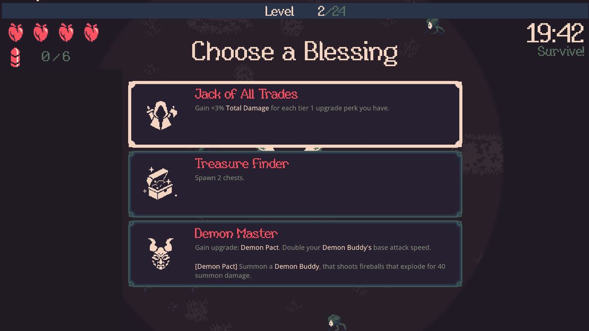 玩家在关卡中选择祝福选项的界面，三个祝福图标清晰可见