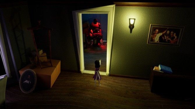 米莉在昏暗走廊中探索，墙壁上布满诡异图案，营造出压抑氛围