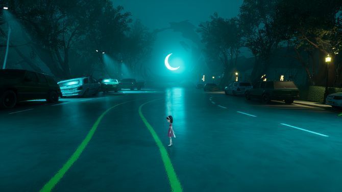 黑暗中隐约浮现怪物轮廓，米莉惊恐回头，营造出紧张氛围