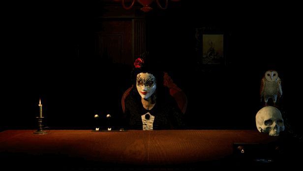 卡牌对战场景动态图，玩家与邪念夫人展开心理博弈