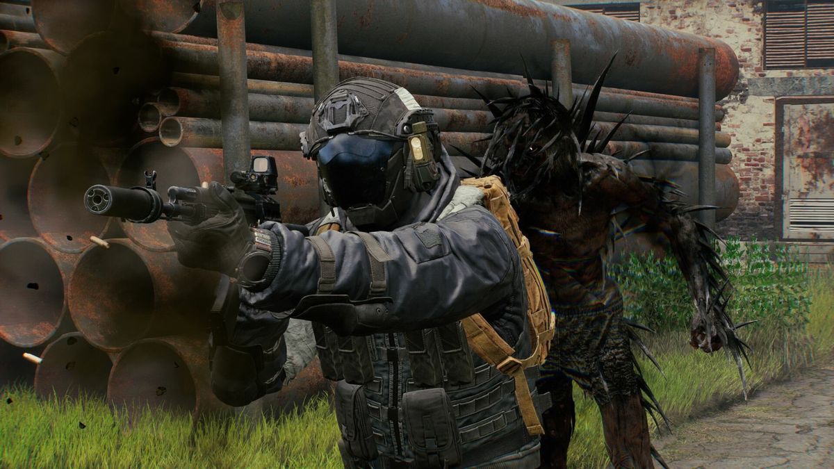 玩家在废弃实验室中探索，背景可见神秘科技设备与活性物质集群