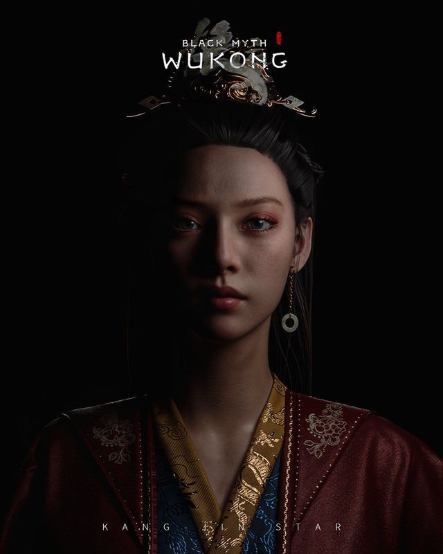 《黑神话》亢金星君淡妆版模型正面展示，妆容清新自然，服饰细节精致