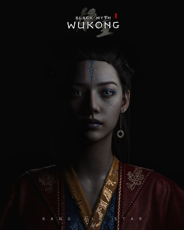 《黑神话》亢金星君原版妆容正面对比图，妆容浓烈，表情更具威严感