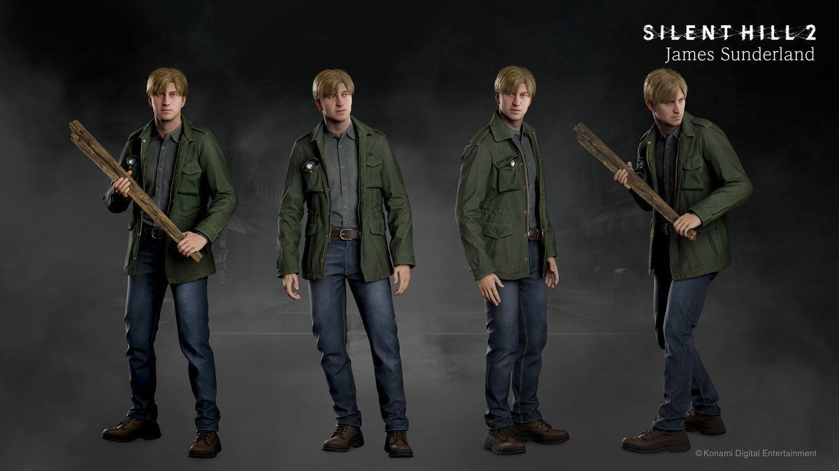 詹姆斯角色服装设计图，身穿经典外套与长裤，细节纹理精致