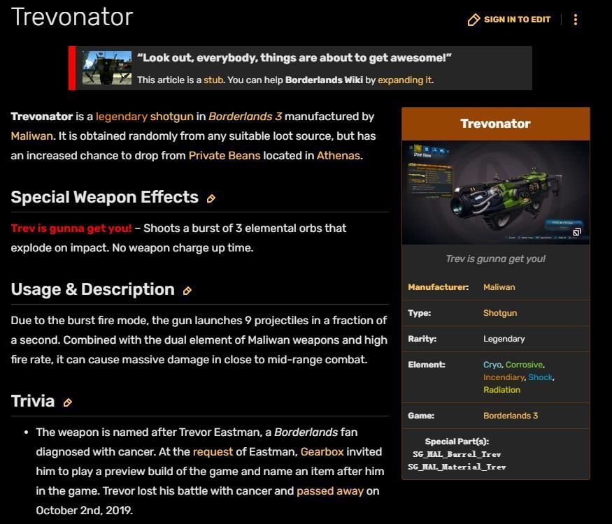 《无主之地3》中纪念Trevor Eastman的武器‘Trevonator’展示画面