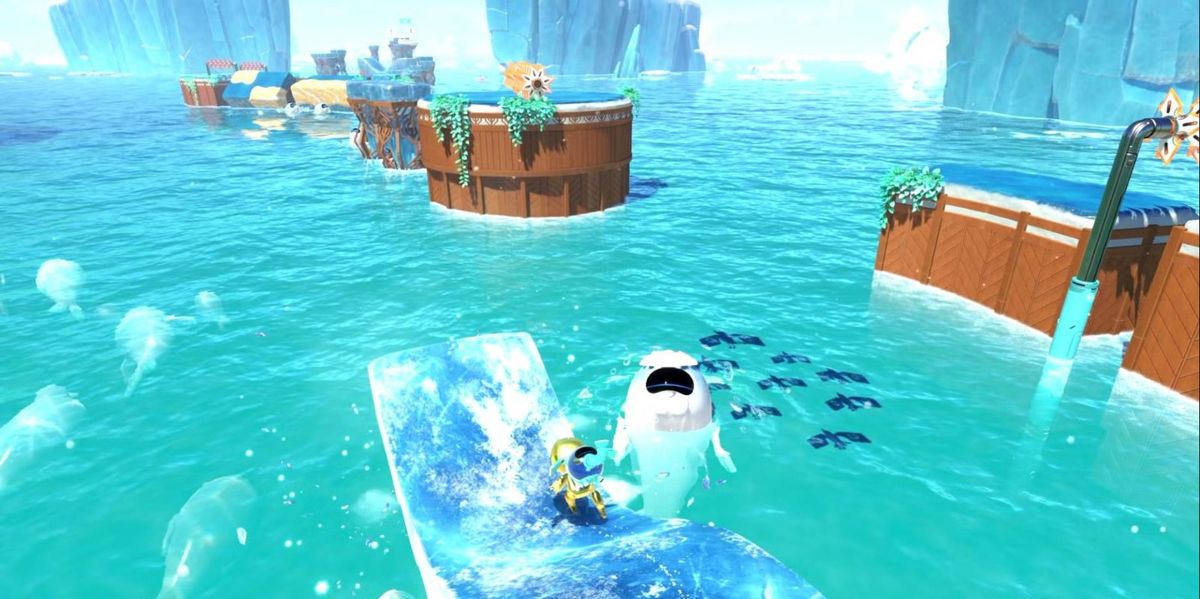 Let it Slide关卡中角色快速滑行的动态画面，背景中可见未来科技风格的赛道设计