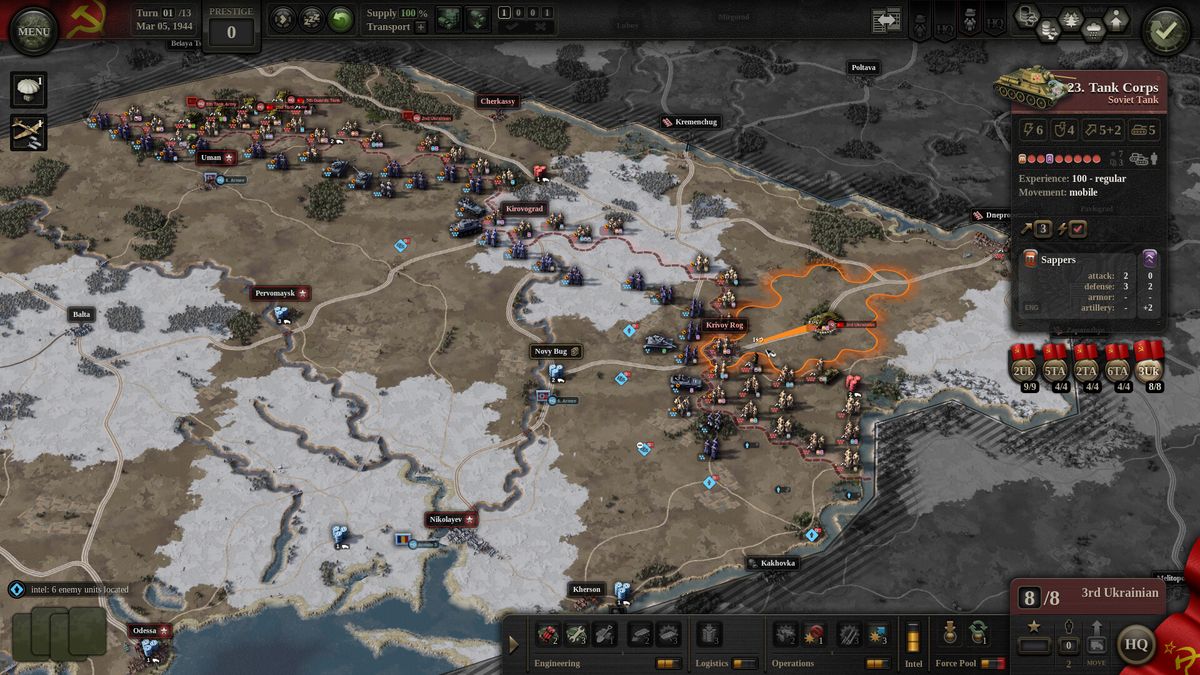 苏军部队在雪地中推进，背景是被围困的德军据点