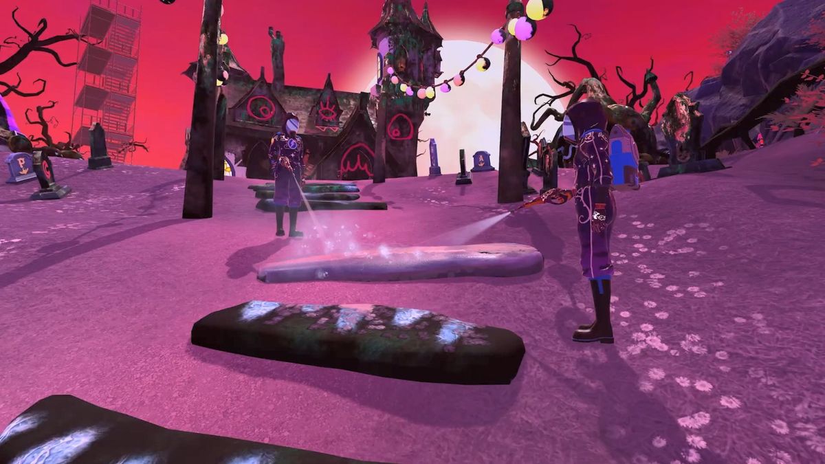 清理前的鬼屋内部，墙壁和地板布满粘液与污渍