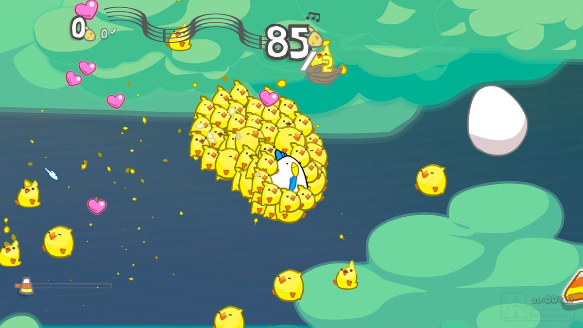 鸡长飞行途中与雏鸡互动的场景，背景色彩鲜艳，充满童趣