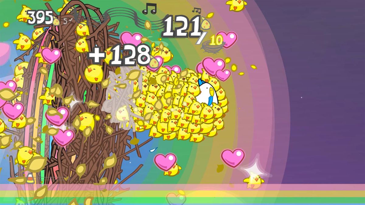 鸡长与雏鸡一同飞行的欢乐画面，背景为卡通风格的云层与阳光