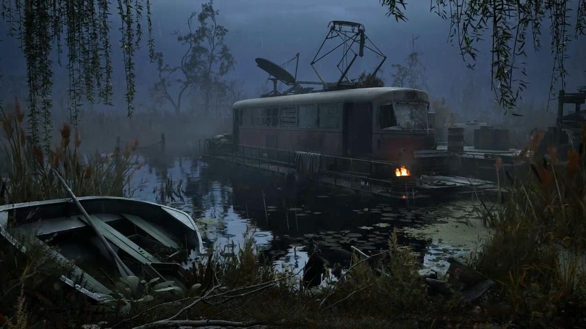 《潜行者2》夜晚场景截图，微弱灯光下潜行者探索废墟的紧张氛围