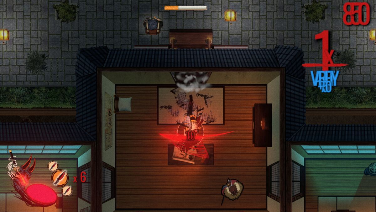 角色战斗场景，武士挥舞长刀，周围飞溅血迹与火花特效