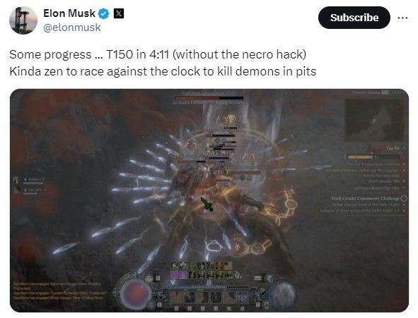 马斯克在《暗黑破坏神4》中展示灵巫职业的高难度通关表现，画面显示深坑150层的挑战倒计时