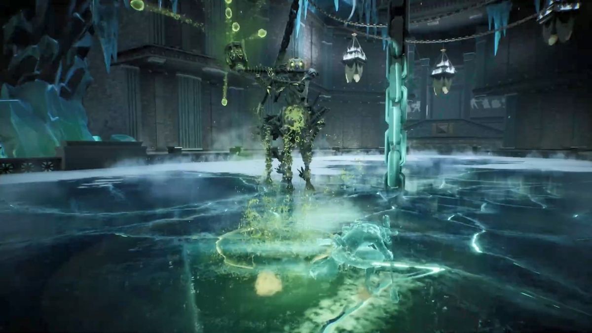 角色与Boss激烈交战，场景中布满破碎的石柱与黑暗魔法气息