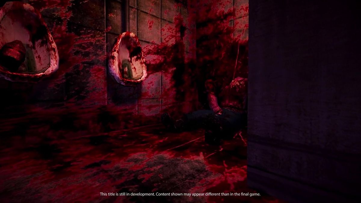 游戏内探索场景，角色手持武器，警惕观察四周