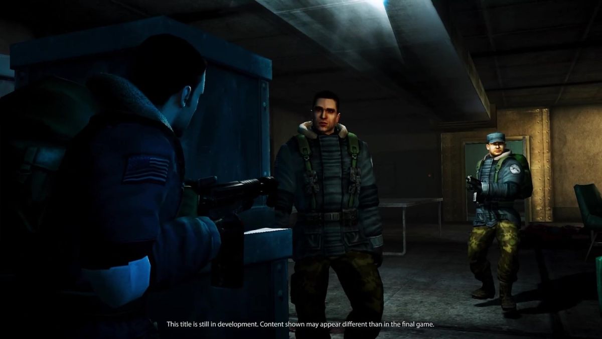 角色在黑暗中使用手电筒照明，营造出强烈的恐怖氛围