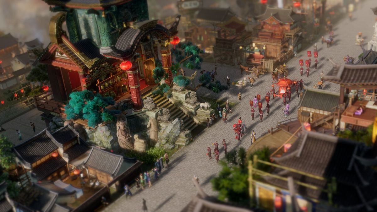 桃花源模式下的自由建造场景，山水环绕，景色宜人