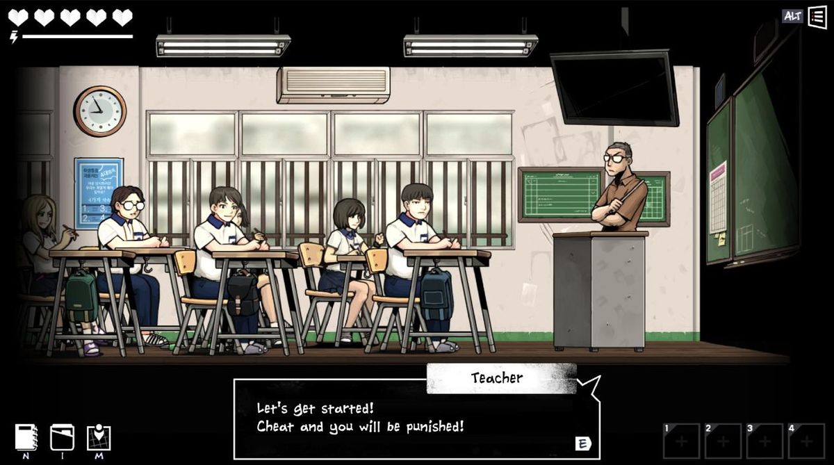 主角在昏暗走廊中潜行，远处传来脚步声，气氛紧张