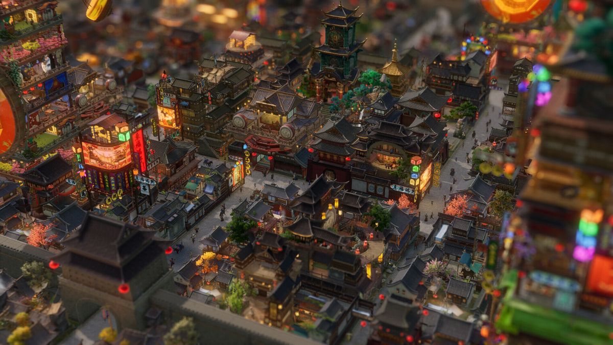 游戏视角俯瞰，展示城市与自然景观的布局