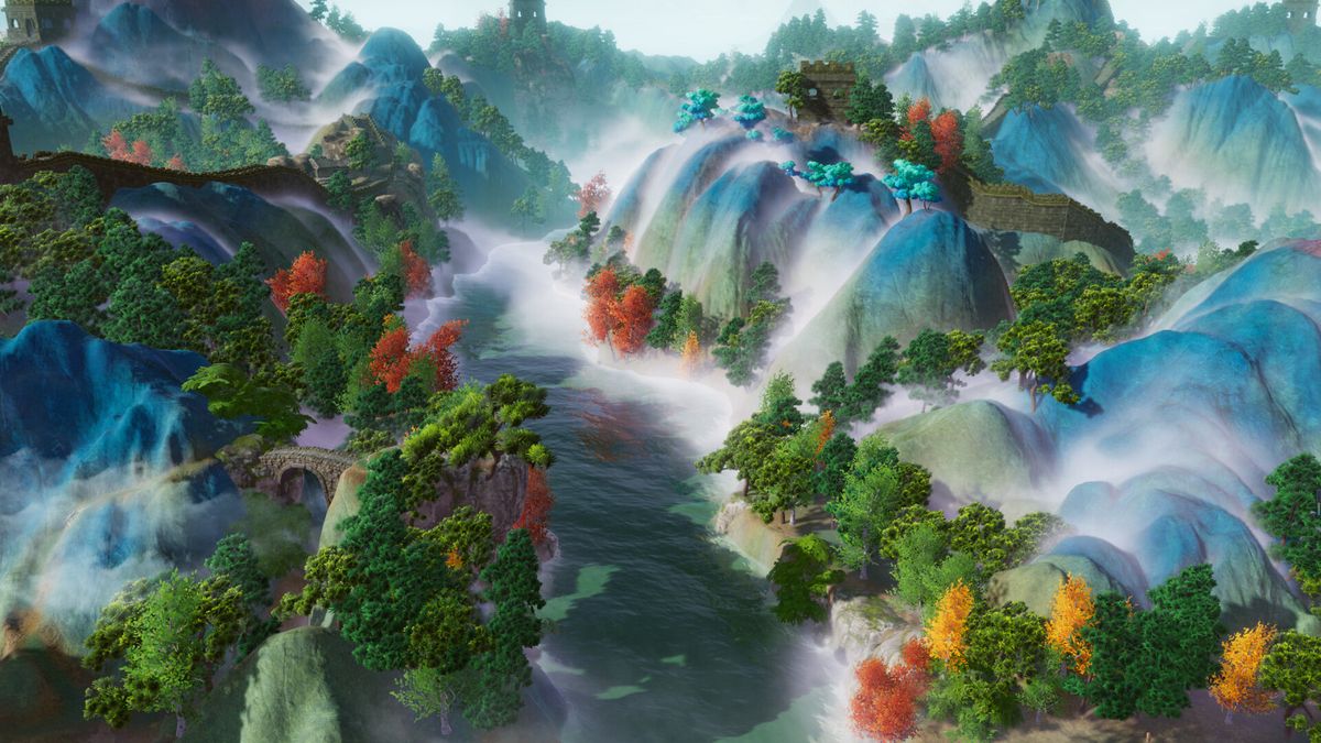 游戏黄昏时分的场景，光影交错，美不胜收