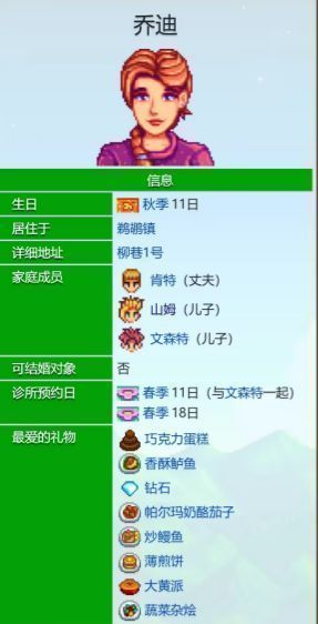 星露谷物语游戏中玩家与乔迪互动的温馨场景，背景为乔迪家中布置温馨的房间