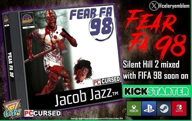 游戏主视觉图，恐怖风格的足球场与恶魔角色并存